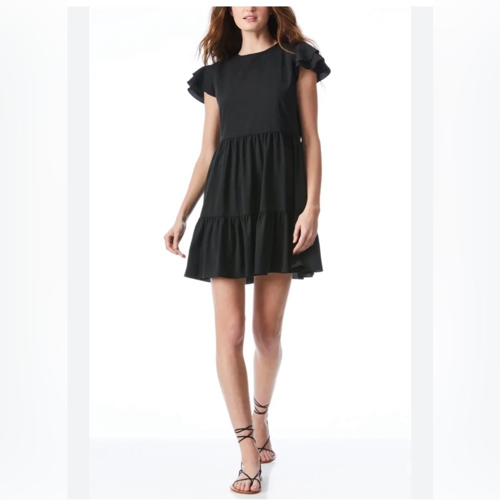 Demi Flutter Sleeve Tiered Black Babydoll Minidress Size Small.